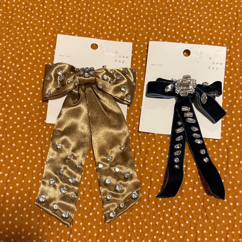 a new day Gold and Green Satin Bow Hair Clips with Rhinestone Accents